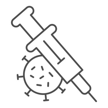 Şırınga ve virüs ince çizgi ikonu, enjeksiyon konsepti, beyaz arka planda aşı işareti, Coronavirus aşısı ve mobil ve web tasarımı için tasarım tarzında bakteri hücre ikonu. Vektör grafikleri.