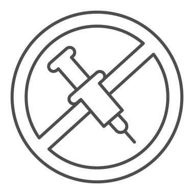 Şırınga enjeksiyonu yasağı ince çizgi ikonu, enjeksiyon konsepti, beyaz arka planda şırınga işareti yok, uyuşturucu bağımlıları mobil ve web tasarımı için tasarım tarzında ikon yasağı. Vektör grafikleri.