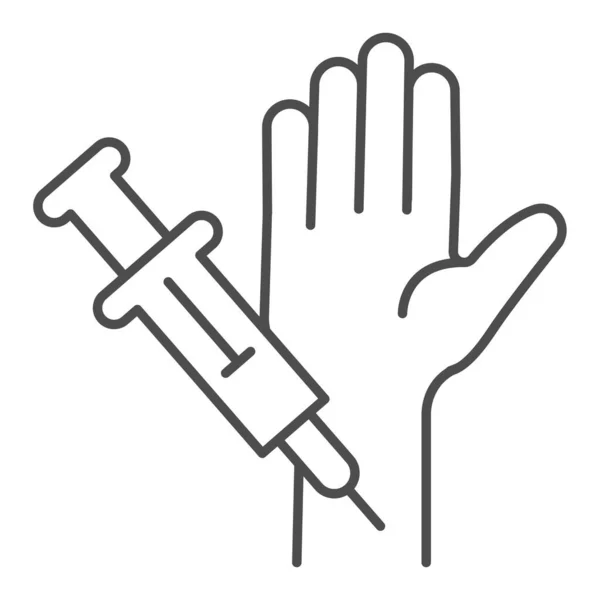 Injection with syringe in hand thin line icon, injections concept, making vaccination sign on white background, Medical injection procedure icon in outline style for mobile, web. Vector graphics. — Stock Vector