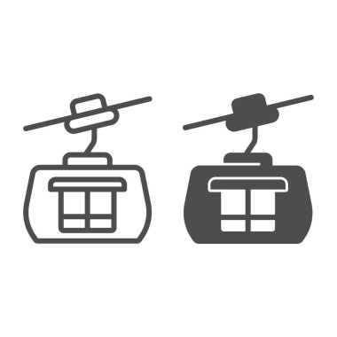 Kayak kaldırma hattı ve katı ikon, kış mevsimi konsepti, beyaz arka planda teleferik tabelası, mobil konsept ve web tasarımı için ana hatlı kayak kabini ikonu. Vektör grafikleri.