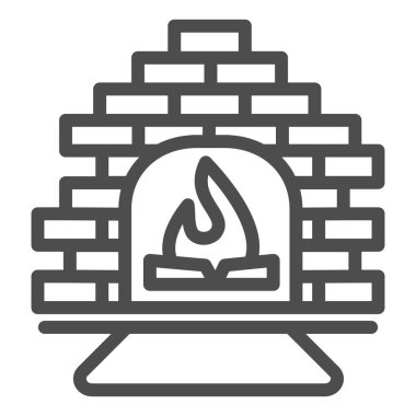 Şenlik ateşi ve tuğla hattı ikonu olan şömine, kış mevsimi konsepti, beyaz arka planda kışlık iç mekan tabelası, ana hatları yanan alev ikonu olan şömine. Vektör grafikleri.