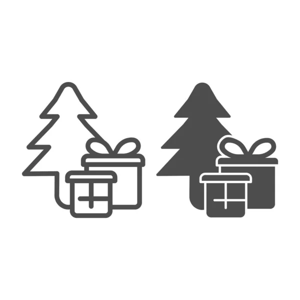 Noel ağacı ve hediye kuyruğu ve katı ikon, kış mevsimi konsepti, beyaz arka planda yeni yıl arifesi tabelası, Noel ağacı ve mobil web tasarımı için ana hatlı bir simge. Vektör grafikleri. — Stok Vektör
