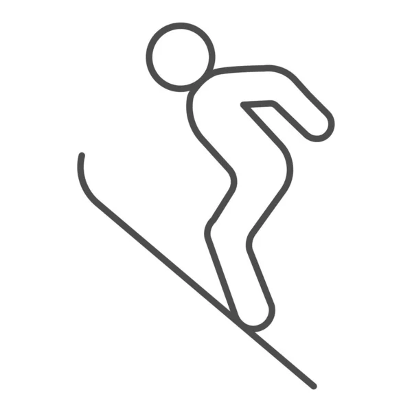 Летючий лижник, тонка лінія ікони, концепція зимового сезону, знак Ski Jumper на білому тлі, силует зі стрибками на лижах в контурному стилі для мобільного концепту та веб-дизайну. Векторна графіка. — стоковий вектор