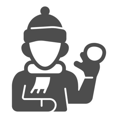 Şapkalı ve eşarplı bir çocuk, sağlam bir ikon, kış mevsimi konsepti, beyaz arka planda kartopu savaşı işareti, mobil için kartopu ikonu olan çocuk. Vektör grafikleri.