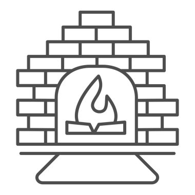 Şenlik ateşli ve tuğlalı şömine ince çizgi ikonu, kış mevsimi konsepti, beyaz arka planda kışlık iç mekan tabelası, ana hatları yanan alev ikonu olan şömine. Vektör grafikleri.