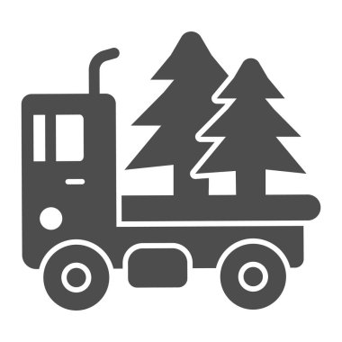 Noel ağaçlarının olduğu kamyon sağlam ikon, kış mevsimi konsepti, beyaz arka planda Noel teslimatı tabelası, mobil ve web tasarımı için glifli köknar ağacı ikonu olan araba. Vektör grafikleri.