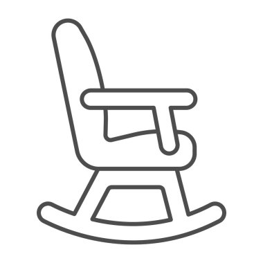 Sallanan sandalye, ince çizgi ikonu, kış mevsimi konsepti, beyaz arka planda rockçı tabelası, mobil konsept ve web tasarımı için ana hatlarıyla sallanan mobilya ikonu. Vektör grafikleri.