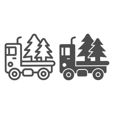 Noel ağacı çizgisi ve sağlam bir ikona sahip kamyon, kış mevsimi konsepti, beyaz arka planda Noel Teslimatı tabelası, mobil ve web tasarımı için ana hatlı köknar ağacı ikonu olan araba. Vektör grafikleri.