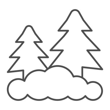 Noel ağaçları ve ince çizgi ikonu, kış mevsimi konsepti, beyaz arka planda çam ağaçları, mobil konsept ve web tasarımı için kışın orman ikonu. Vektör grafikleri.