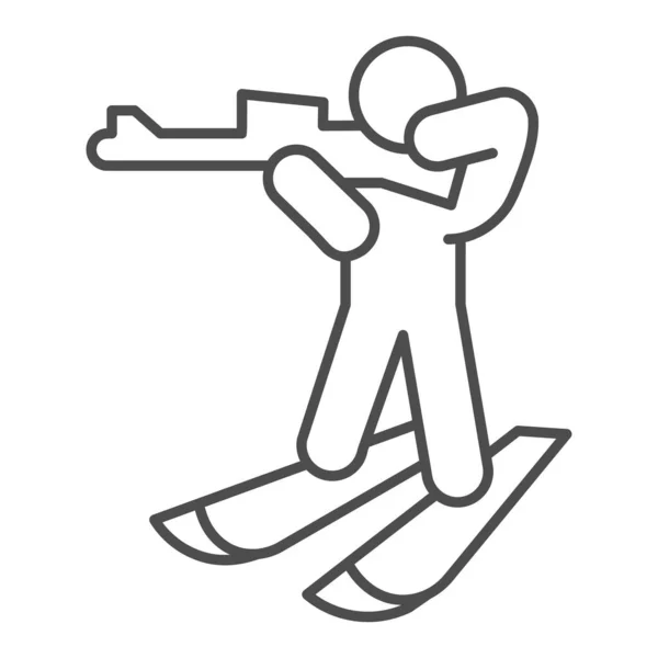 Biathlet-Skifahren mit Pistole Thin Line-Symbol, Wintersaisonkonzept, Biathlonsportlerschild auf weißem Hintergrund, Biathlet auf Distanz-Symbol im Outline-Stil für mobiles Webdesign. Vektorgrafik. — Stockvektor