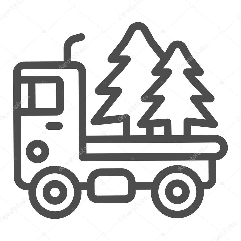 Truck with Christmas trees line icon, Winter season concept, Christmas Delivery sign on white background, Car with fir tree icon in outline style for mobile and web design. Vector graphics.