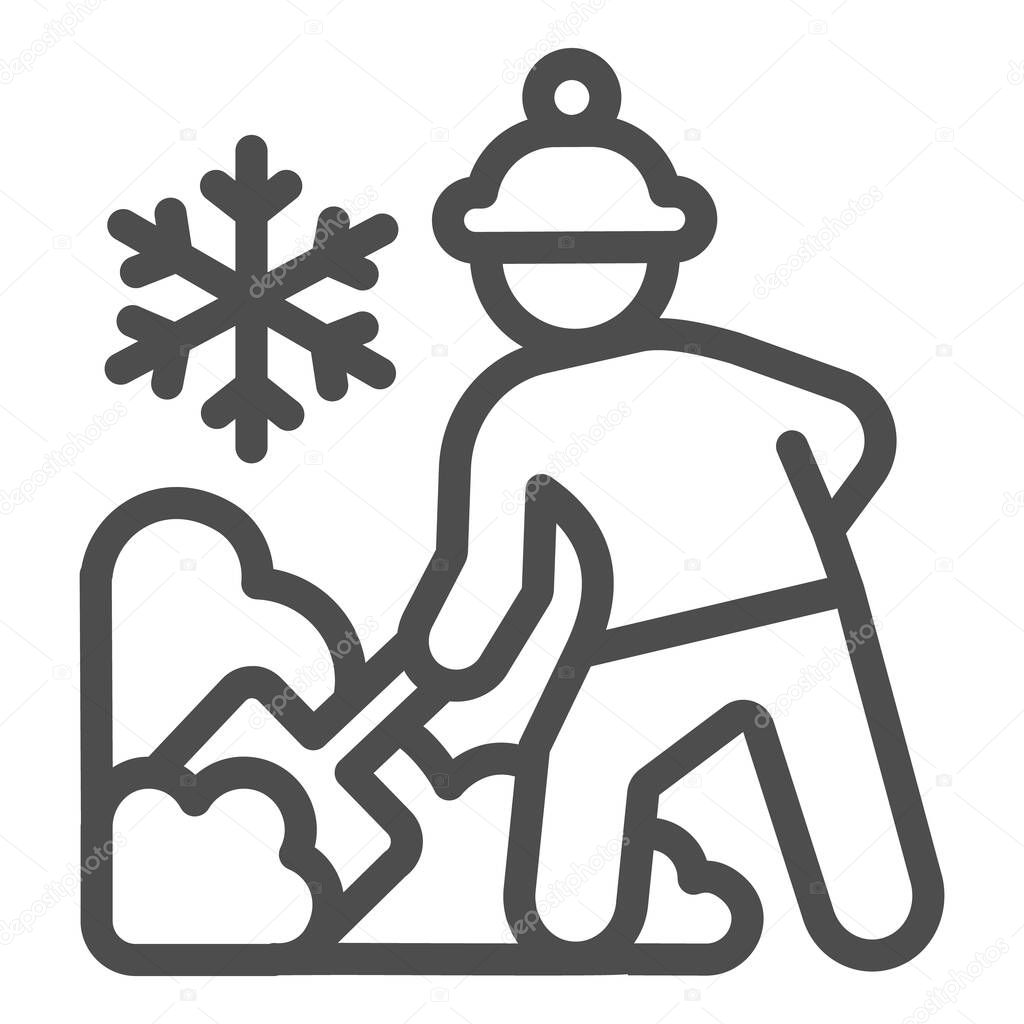 Worker cleans snow on street line icon, Winter season concept, Sweeper with shovel sign on white background, snow removal with shovel icon in outline style for mobile. Vector graphics