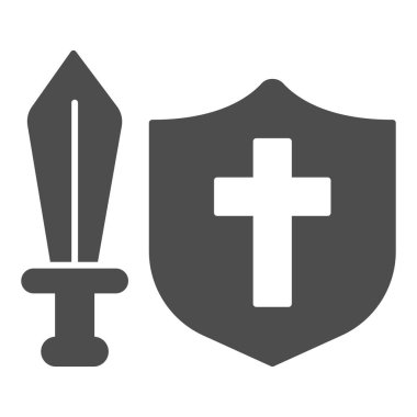 Ortaçağ kılıcı ve kalkan katı ikonu, peri masalı kavramı, beyaz arka planda ortaçağ silah işareti, klasik ortaçağ kılıcı ve glifli simge. Vektör grafikleri.