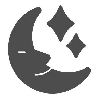 Ay ve yıldızlar katı bir ikon, peri masalı kavramı, beyaz arka planda sihirli gece işareti, ay ve yıldız simgesi ile gece gökyüzü mobil ve web tasarımı için sembol. Vektör grafikleri.