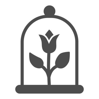 Cam bir kubbe altında gül katı bir ikon, peri masalı kavramı, beyaz arka planda sihirli çiçek işareti, mobil konsept ve web tasarımı için kaput simgesi altında Peri Gülü. Vektör grafikleri.