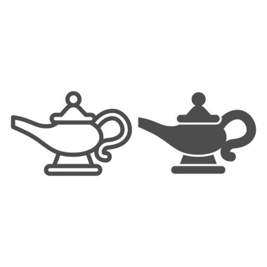 Sihirli lamba hattı ve katı ikon, peri masalı kavramı, beyaz arka planda cin lambası işareti, mobil konsept ve web tasarımı için ana hatlı yağ ikonlu sulama kutusu. Vektör grafikleri.