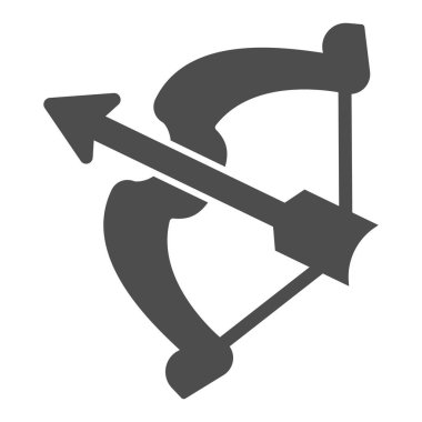 Ortaçağ yayı katı ikonu, peri masalı konsepti, beyaz arka planda ok işareti olan ortaçağ şövalyesi okçu yaylı, mobil ve ağ için glyph tarzı ok ve yay simgesi. Vektör grafikleri.