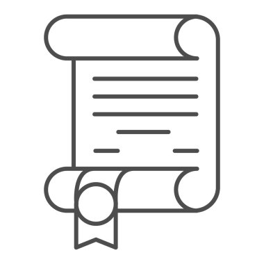 Kurdele ince çizgi ikonlu antik parşömen, peri masalı konsepti, beyaz arka planda kraliyet fermanı işareti, mobil ve web tasarımı için ana hatlı antik el yazması rulo ikonu. Vektör grafikleri.