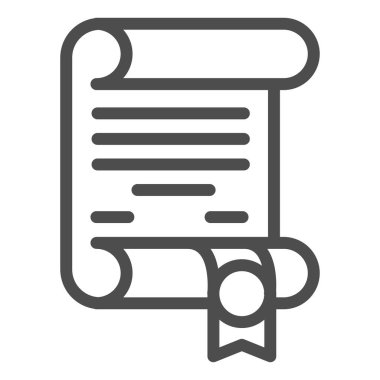 Kurdele çizgisi ikonu olan antik parşömen, peri masalı konsepti, beyaz arka planda kraliyet fermanı işareti, mobil ve web tasarımı için ana hatlı eski el yazması rulo ikonu. Vektör grafikleri.