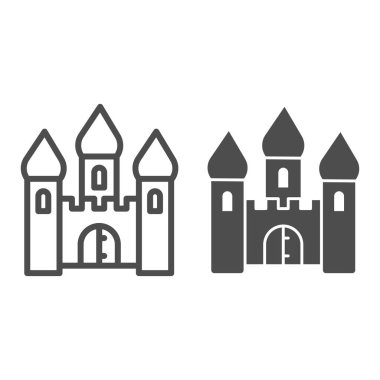 Ortaçağ kale hattı ve katı ikon, peri masalı konsepti, beyaz arka planda Kule antik bina tabelası, mobil konsept ve web tasarımı için ana hatlı kraliyet kalesi ikonu. Vektör grafikleri.