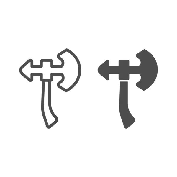 Средневековая линия топора и прочная икона, сказочная концепция, двухсторонний силуэт топора на белом фоне, иконка топора оружия в стиле наброска для мобильной концепции и веб-дизайна. Векторная графика. — стоковый вектор