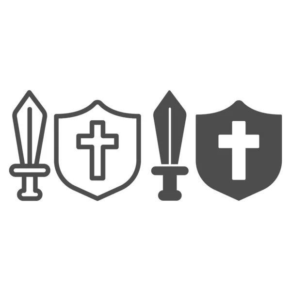 Espada medieval y línea de escudo e icono sólido, concepto de cuento de hadas, signo de arma medieval sobre fondo blanco, espada medieval clásica con icono de escudo en estilo de contorno. Gráficos vectoriales. — Vector de stock