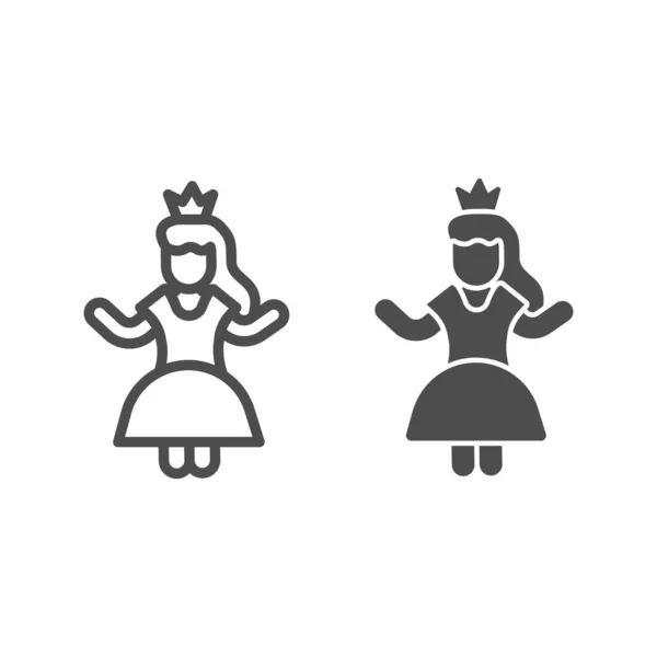 Prinsessan i karneval klänning linje och solid ikon, saga koncept, Prinsessan underteckna på vit bakgrund, Drottning med krona ikon i kontur stil för mobil koncept och webbdesign. Vektorgrafik. — Stock vektor