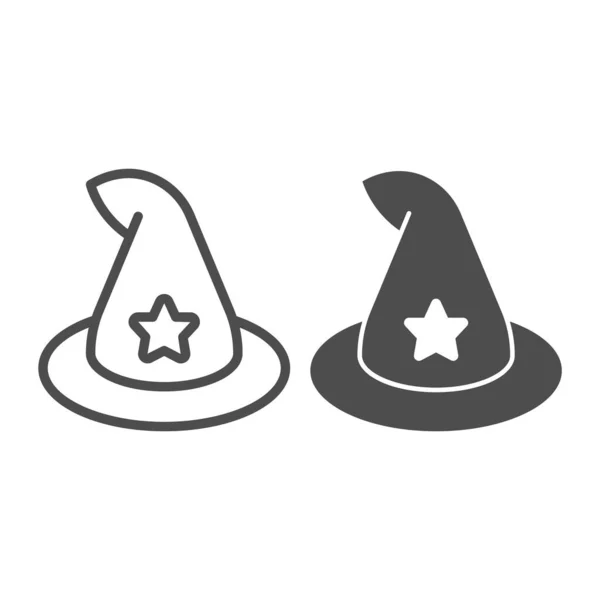 Witch Hat lijn en solide icoon, sprookjesachtige concept, klassieke tovenaar hoed teken op witte achtergrond, ouderwetse cap met ster icoon in outline stijl voor mobiele concept en web design. vectorgrafieken. — Stockvector