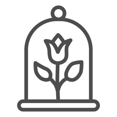 Cam kubbe çizgisi ikonu altında gül, peri masalı konsepti, beyaz arka planda sihirli çiçek tabelası, mobil konsept ve web tasarımı için ana hatlar altında Peri Gülü simgesi altında. Vektör grafikleri.