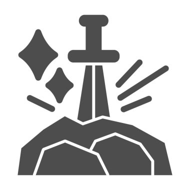 Taş gibi sağlam bir ikonda kılıç, peri masalı kavramı, beyaz arka planda Excalibur işareti, mobil konsept ve web tasarımı için glyph stili efsanevi kılıç ikonu. Vektör grafikleri.