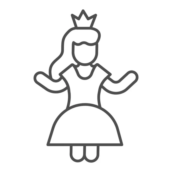 Princesse en robe de carnaval fine icône de ligne, concept de conte de fées, signe Princesse sur fond blanc, Reine avec icône couronne dans le style de contour pour concept mobile et web design. Graphiques vectoriels. — Image vectorielle