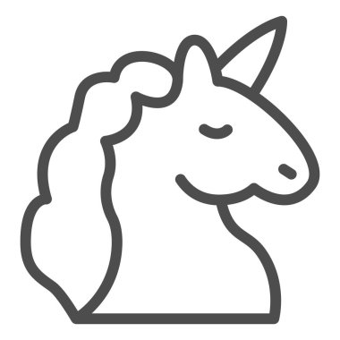 Tek boynuzlu at çizgisi ikonu, peri masalı konsepti, beyaz arka planda tek boynuzlu at baş silueti işareti, gezici konsept ve web tasarımı için tasarım tarzında boynuz ikonu olan efsanevi at. Vektör grafikleri.