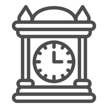 Antika saat çizgisi ikonu, peri masalı konsepti, beyaz arka planda klasik masa arabası tabelası, mobil konsept ve web tasarımı için ana hatlı eski ahşap saat ikonu. Vektör grafikleri.