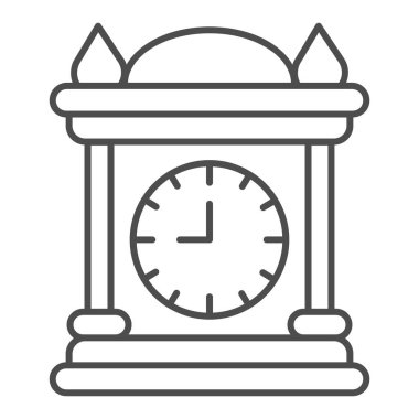 Antika saat, ince çizgi ikonu, peri masalı konsept, beyaz arka planda klasik masa arabası işareti, mobil konsept ve web tasarımı için ana hatlı eski ahşap saat ikonu. Vektör grafikleri.