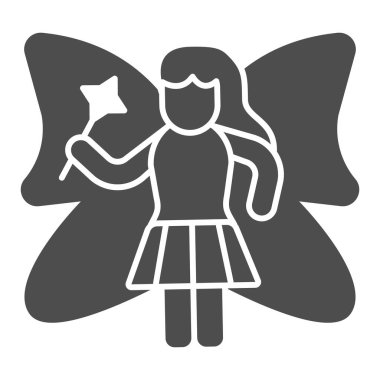 Kelebek kanatlı peri büyücü katı ikon, peri masalı konsepti beyaz arka planda büyücünün silueti kanatlı güzel kız. Kabartma şeklinde simge. Vektör grafikleri.