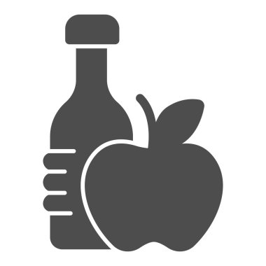 Maden suyu ve elma katı ikonu, diyet konsepti, beyaz arka planda sağlıklı yiyecek ve içecek tabelası, mobil ve web tasarımı için glifli spor salonu uygun şişe ve elma ikonu. Vektör grafikleri.