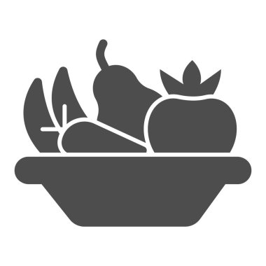 Meyve katı ikonu, diyet konsepti, beyaz arka planda sebze tabağı tabelası, mobil konsept ve web tasarımı için glifli bir tabak sağlıklı yiyecek ikonu. Vektör grafikleri.