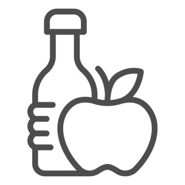 Maden suyu ve elma çizgisi ikonu, diyet konsepti, beyaz arka planda sağlıklı yiyecek ve içecek tabelası, mobil ve web tasarımı için ana hatlar şeklinde spor salonu uygun şişe ve elma ikonu. Vektör grafikleri.