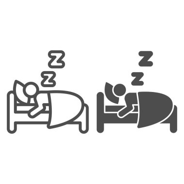 Yatakta uyuyan adam, sağlam bir ikon, diyet konsepti, beyaz arka planda uyuyan insan işareti, mobil konsept ve web tasarımı için ana hatlı bir uyku ikonu. Vektör grafikleri.