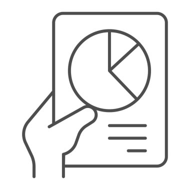 Elinde diyagram, ince çizgi simgesi, diyet konsepti, beyaz zemin üzerinde ilaç tablosu, mobil konsept ve web tasarımı için ana hatlı diyet denge diyagramı simgesi olan belge. Vektör grafikleri.