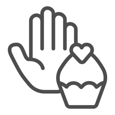 İnsan jest eli tatlı çizgi ikonu, diyet konsepti, beyaz arka planda şeker işareti yok, Cupcake ve mobil ve web tasarımı için ana hatlı el hareketi ikonu reddediyor. Vektör grafikleri.