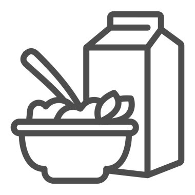 Yulaf lapası ve süt ambalajı ikonu, diyet konsepti, beyaz arka planda kahvaltı mısır gevreği tabelası, mobil ve web tasarımı için ana hatlı mısır gevreği ikonu içeren kutu ve kase. Vektör grafikleri.