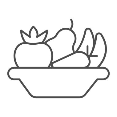 Meyve ince çizgi ikonu, diyet konsepti, beyaz arka planda sebze tabağı tabelası, mobil konsept ve web tasarımı için ana hatlı sağlıklı yiyecek ikonu tabağı. Vektör grafikleri.