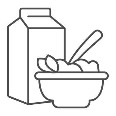 Yulaf lapası ve süt ambalajı ince çizgi ikonu, diyet kavramı, beyaz arka planda kahvaltı mısır gevreği tabelası, mobil ve web tasarımı için ana hatlı mısır gevreği ikonu içeren kutu ve kase. Vektör grafikleri.