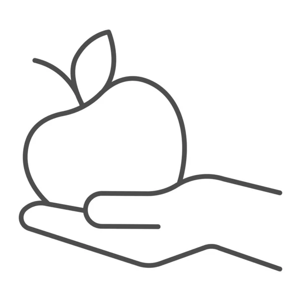 Icono de línea delgada de Apple en la mano, concepto de dieta, signo de fruta fresca y saludable sobre fondo blanco, icono de manzana de mano en estilo de esquema para el concepto móvil y el diseño web. Gráficos vectoriales. — Vector de stock
