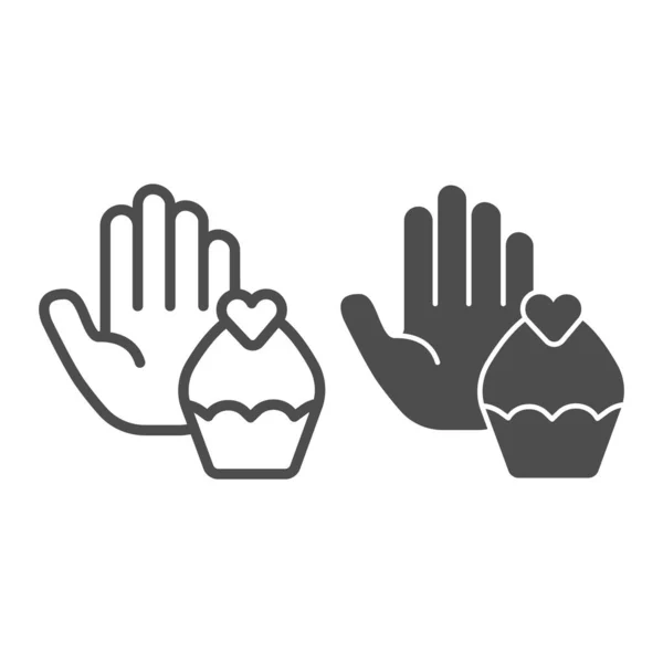 Lidské gesto ruka odmítá sladké linie a pevné ikony, Dietní koncept, Bez cukru znamení na bílém pozadí, Dortíky a dlaň gesto ikony v obrysu stylu pro mobilní a web design. Vektorová grafika. — Stockový vektor