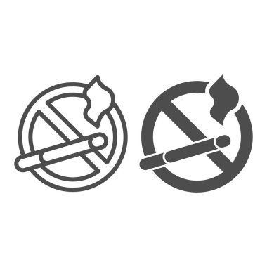 Sigara ve yasaklama hattı ve katı ikon, diyet konsepti, beyaz arka planda sigara içilmiyor, mobil konsept ve web tasarımı için ana hatlarda duman ikonu yok. Vektör grafikleri.