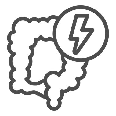 Bağırsak hattı ikonu, diyet konsepti, beyaz arka planda insan organı ve şimşek işareti, mobil ve web için ana hatlı bağırsak ağrısı sorunu ikonu. Vektör grafikleri.