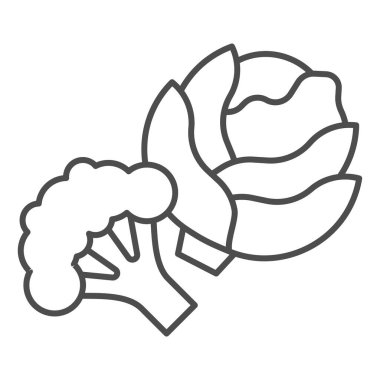 Lahana ve brokoli ince çizgi ikonu, diyet konsepti, beyaz arka planda sebze tabelası, mobil konsept ve web tasarımı için ana hatlı taze lahana ve brokoli simgesi. Vektör grafikleri.