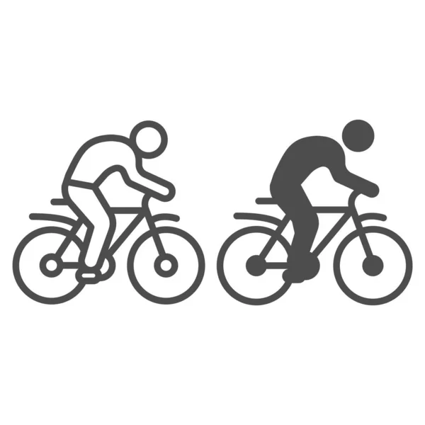 Muž na kole a pevná ikona, sportovní koncept, silueta cyklista znak na bílém pozadí, osoba jezdí na kole ikona v obrysu stylu pro mobilní koncept a web design. Vektorová grafika. — Stockový vektor